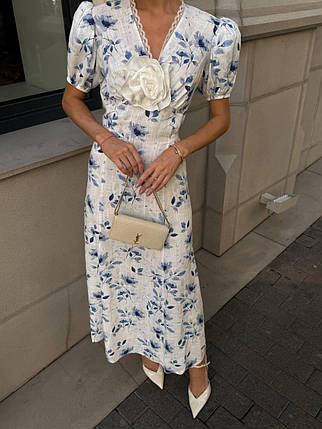 Романтична жіноча льняна сукня міді з декоративною квіткою Smdi9466, фото 1