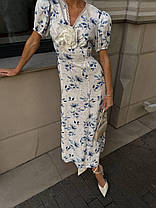 Романтична жіноча льняна сукня міді з декоративною квіткою Smdi9466, фото 2