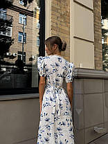 Романтична жіноча льняна сукня міді з декоративною квіткою Smdi9466, фото 5