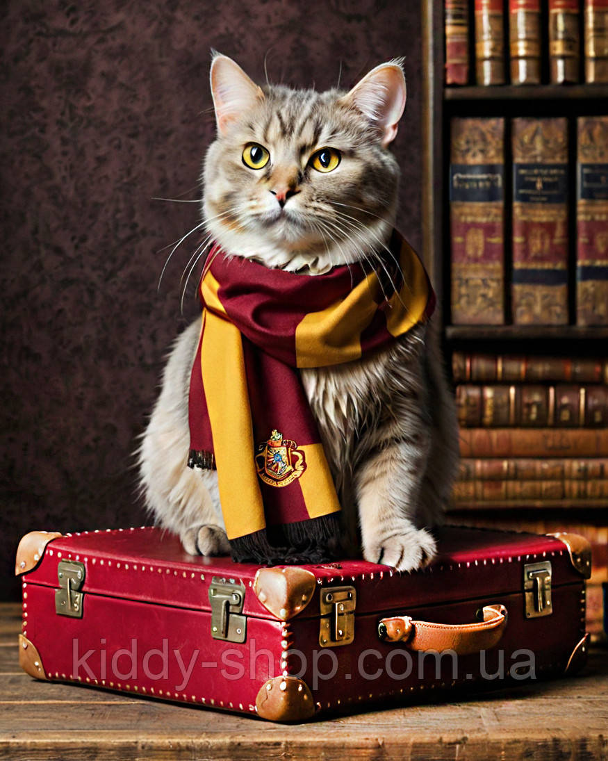 Діамантова вишивка. Картина на підрамнику "Котик з Гогвардса", 40х50см, квадратні стрази, фото 1