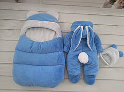 Комплект Зайчик для новонароджених, спальник + комбінезон + шапочка (штучне хутро кролик) блакитний