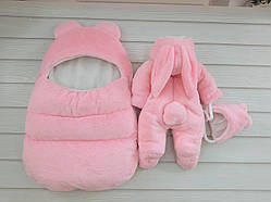 Комплект Зайчик для новонароджених, спальник + комбінезон + шапочка (штучне хутро кролик) рожевий