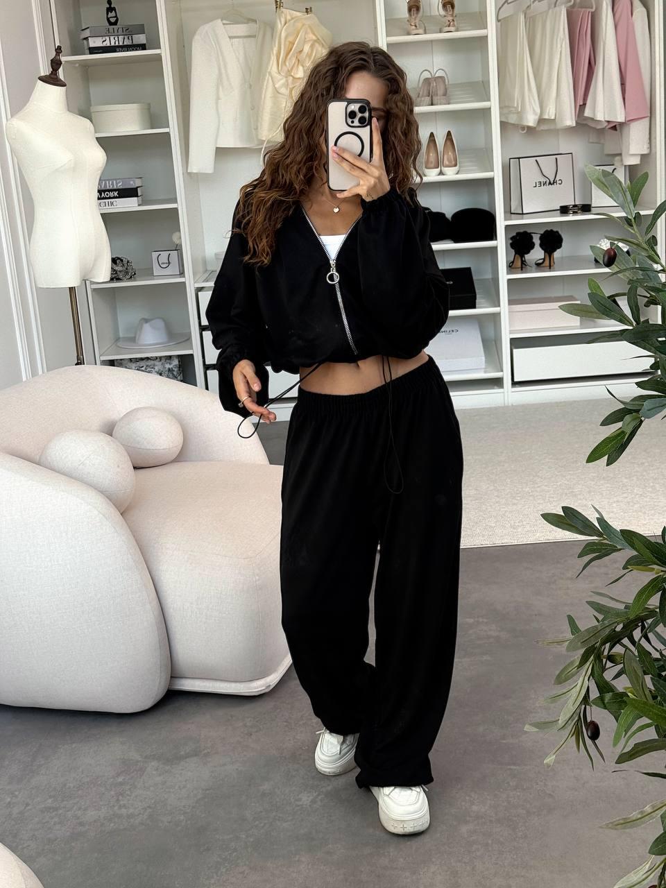 Стильний жіночий осінній базовий прогулянковий костюм широкі штани палаццо спортивна кофта на блискавці двонитка, фото 1