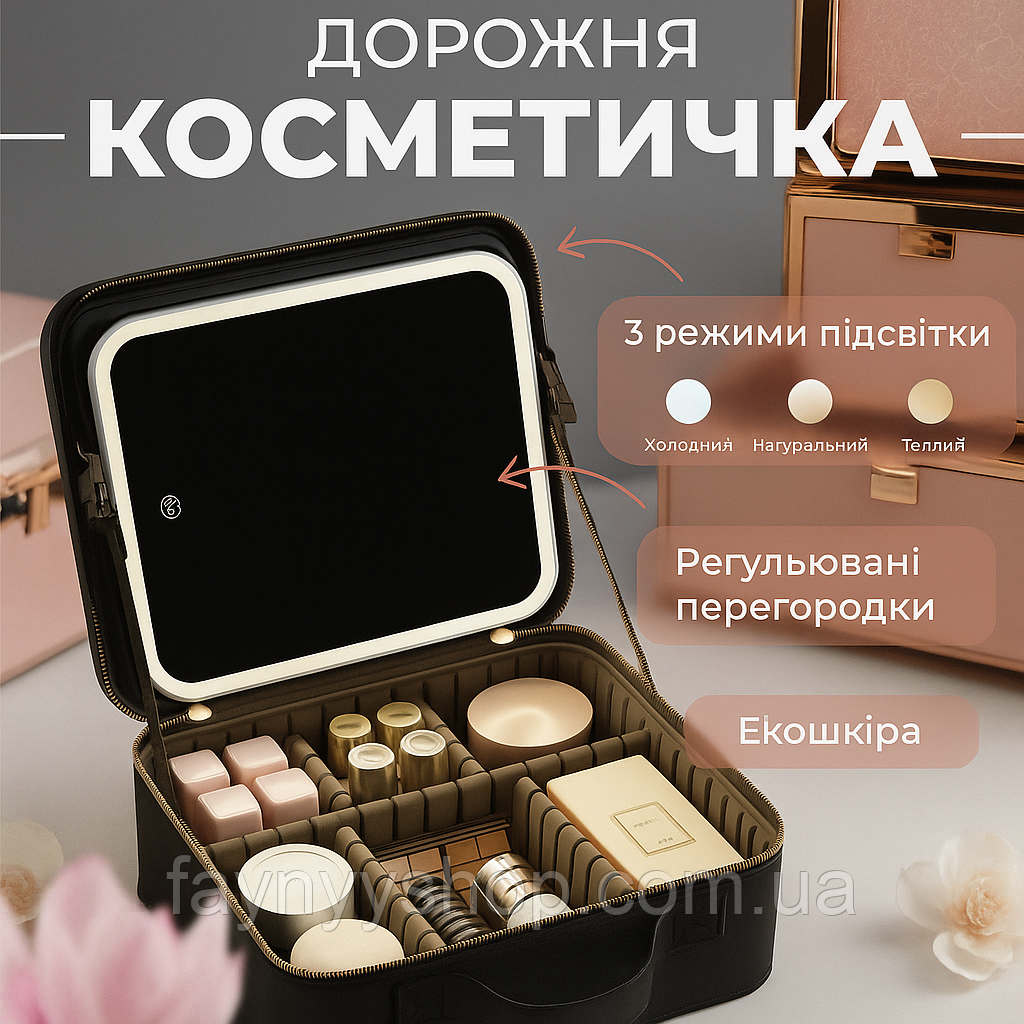 Дорожная косметичка с зеркалом с подсветкой портативная для путешествий органайзер - фото 1 - id-p2718578872