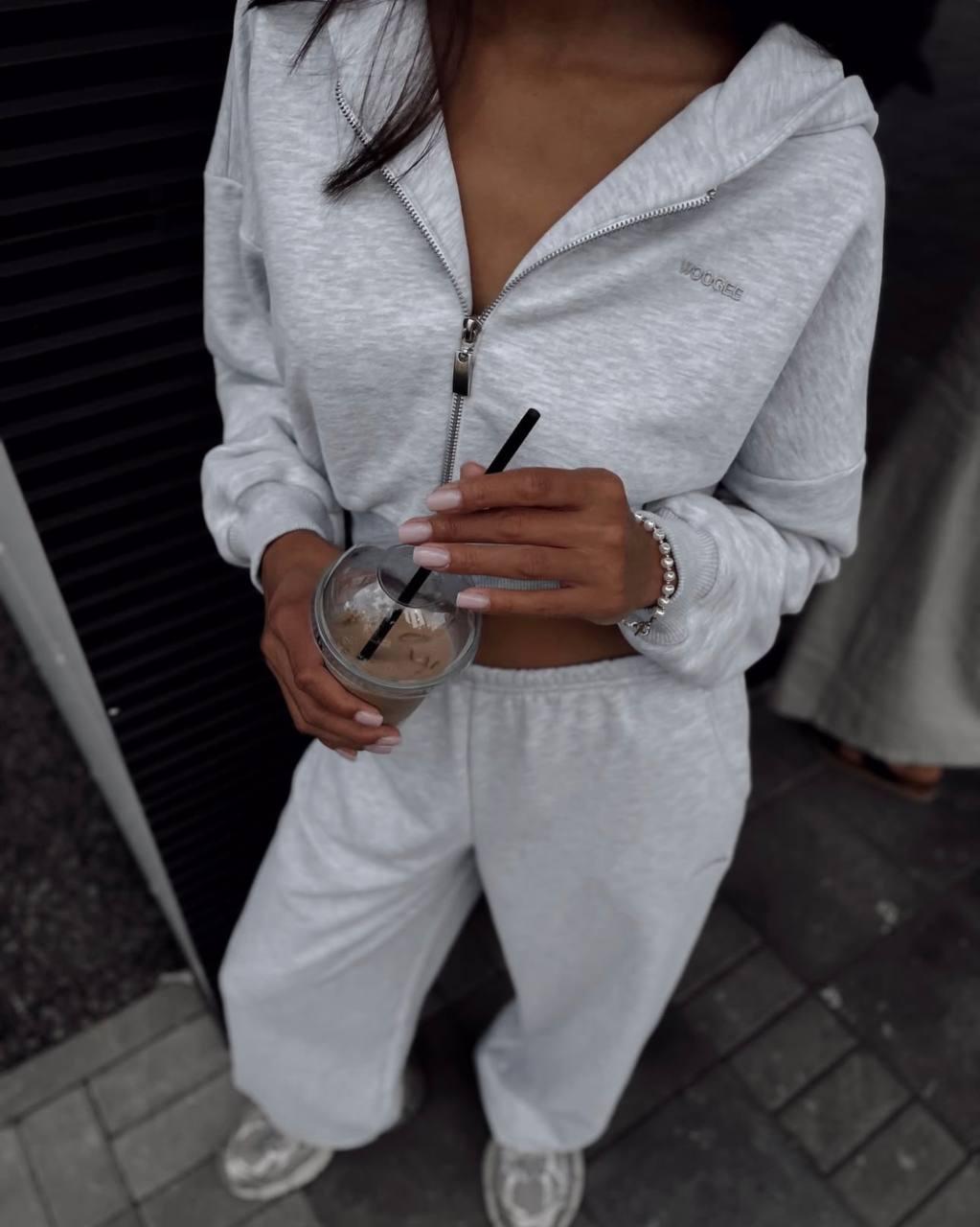 Стильний жіночий осінній базовий прогулянковий костюм, широкі штани, вкорочена кофта на блискавці двонитка, фото 1