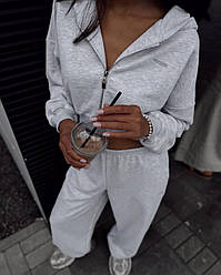 Стильний жіночий осінній базовий прогулянковий костюм, широкі штани, вкорочена кофта на блискавці двонитка