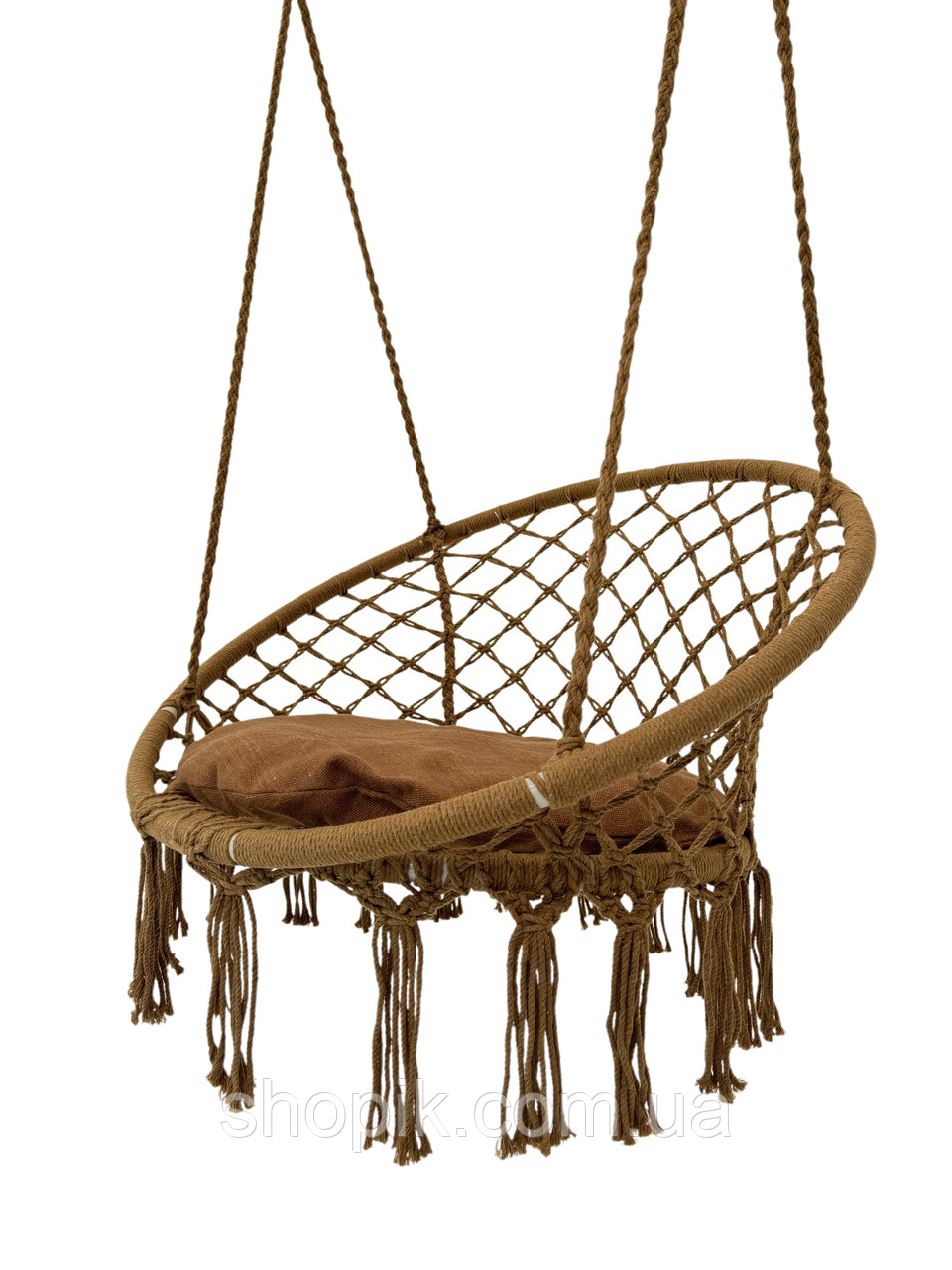 Підвісна гойдалка садова з подушкою для дому WCG Плетене підвісне кругле крісло для саду тераси Коричневий, фото 1