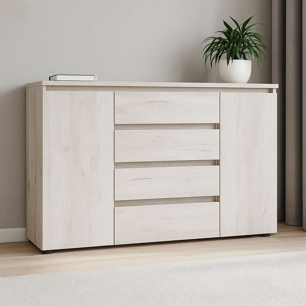 Сучасний комод 140 см Дуб крафт білий з ящиками та полицями для спальні/вітальні Еверест Лайт КЛ-4, фото 1