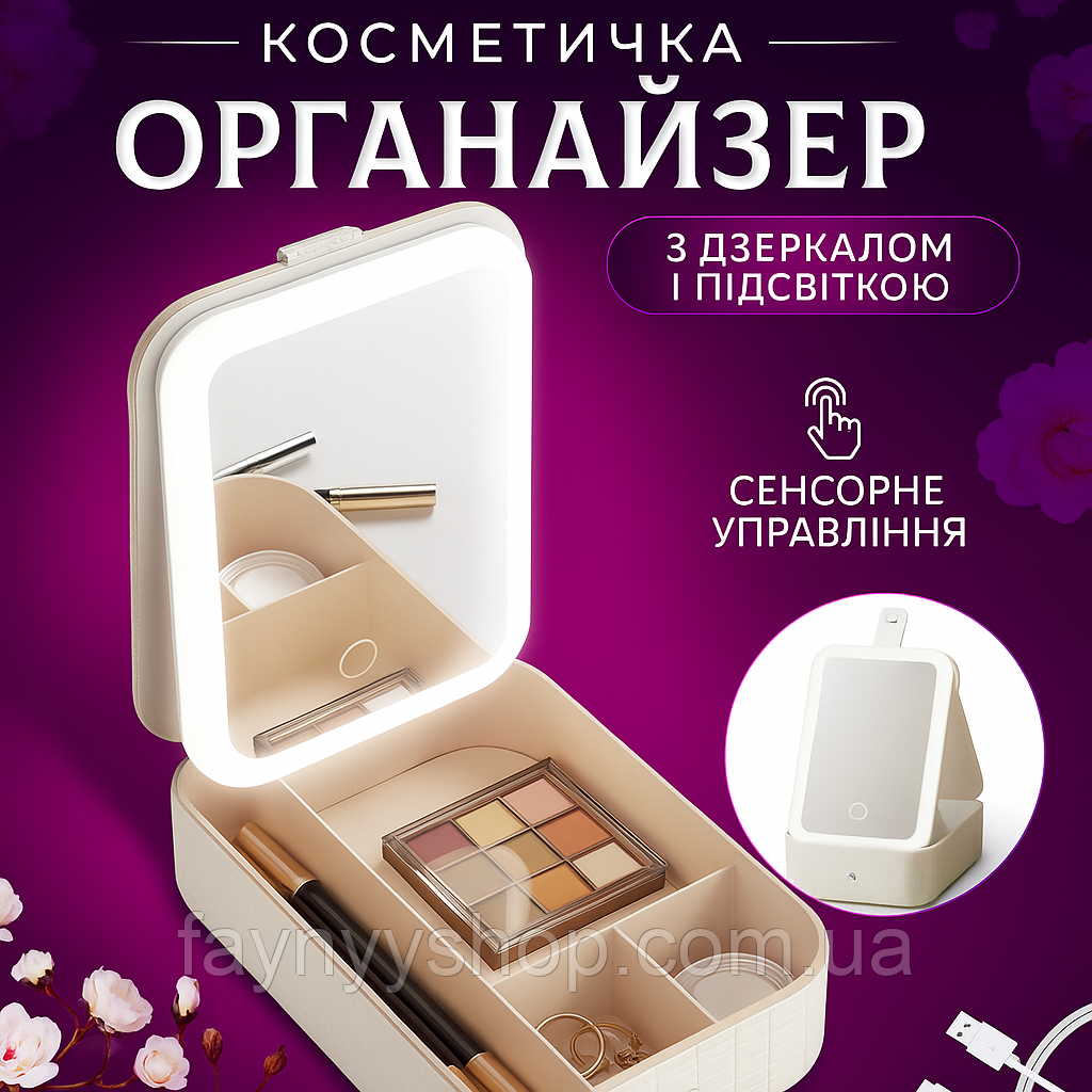 Дорожня косметичка з дзеркалом і підсвіткою портативна косметичка для подорожей з дзеркалом - фото 1 - id-p2719332648
