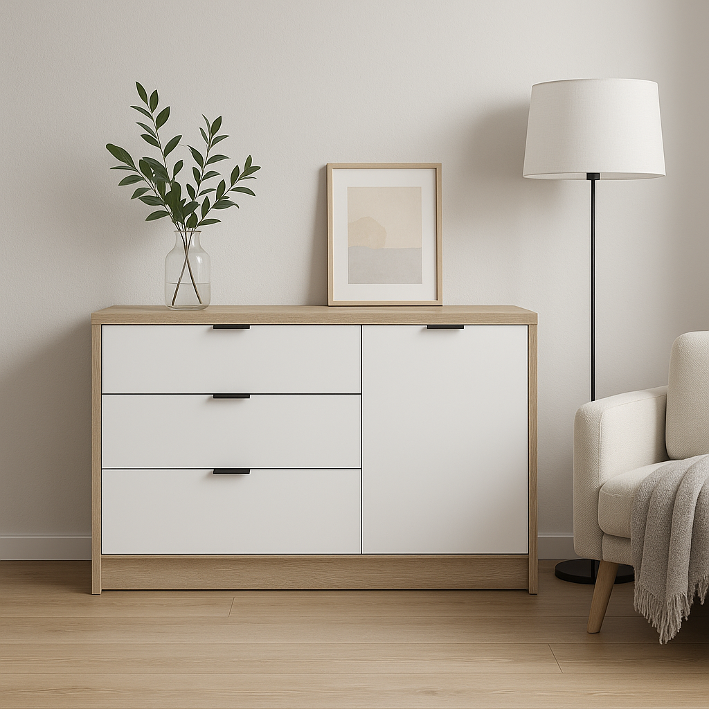 Сучасний комод Сіті 1150 дуб сонома білий – 115 см × 38 см × 93 см для одягу, білизни та зберігання речей, фото 1