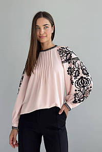 Блуза жіноча вишиванка святкова з принтом на пишних рукавах рожева 3503-05