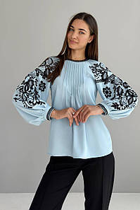 Блуза жіноча вишиванка святкова з принтом на пишних рукавах блакитна 3503-04