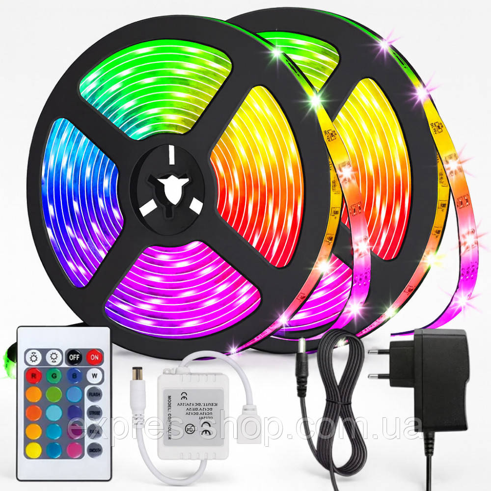 Набір 2 шт Світлодіодна LED стрічка 5м, 12V, RGB 3528 + пульт + блок / Неонова стрічка / Підсвічування в кімнату, фото 1
