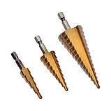 Набір свердел ступінчастих 3пр. (4-12, 4-20, 4-32мм), для отворів із кроковим конусом REWOLT T1635, фото 2