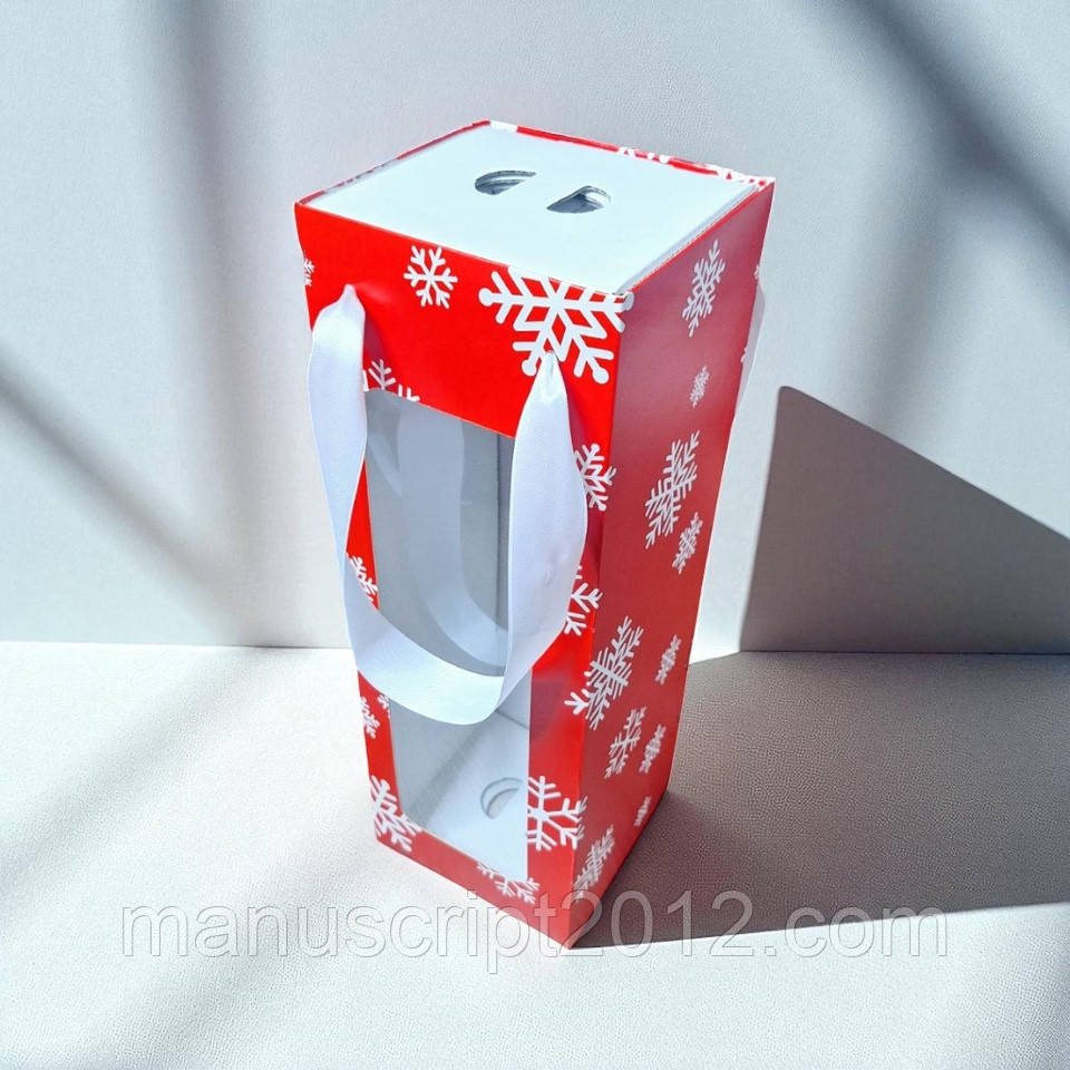 Коробка подарункова з пакетом для пляшки новорічна (350х110х110мм.) червоно-біла з білими сніжинками