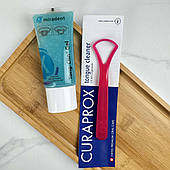 Набір для чищення язика (гель Miradent Tong Clin, 50 мл+скребок для язика Curaprox, одна дуга), рожевий