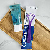 Набір для чищення язика (гель Miradent Tong Clin, 50 мл+скребок для язика Curaprox, дві дуги), фіолетовий