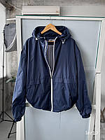 Чоловіча синя куртка-вітровка осіння весняна на підкладці, Демісезонна легка вітровка синього кольору плащівка з капюшоном