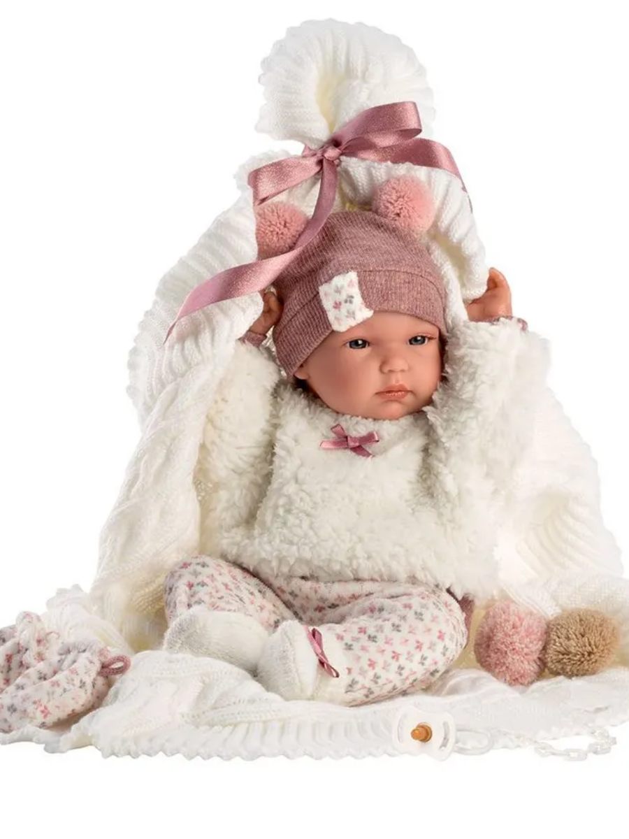 Вінілова Іспанська Новонароджена Лялька Пупс 35 см Llorens М'яка Силіконова Дівчинка в Шапці і з Пледом, фото 1