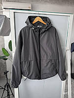 Чоловіча темно-сіра куртка-вітровка осіння на підкладці, Весняна водостійка вітровка сірого кольору плащівка з капюшоном