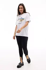 Жіночий костюм чорні лосини біла футболка з українським принтом MKAR32727