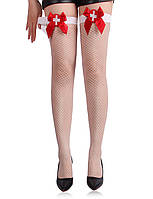 Панчохи у сіточку білі з червоним бантом Star Night для рольового костюма медсестри