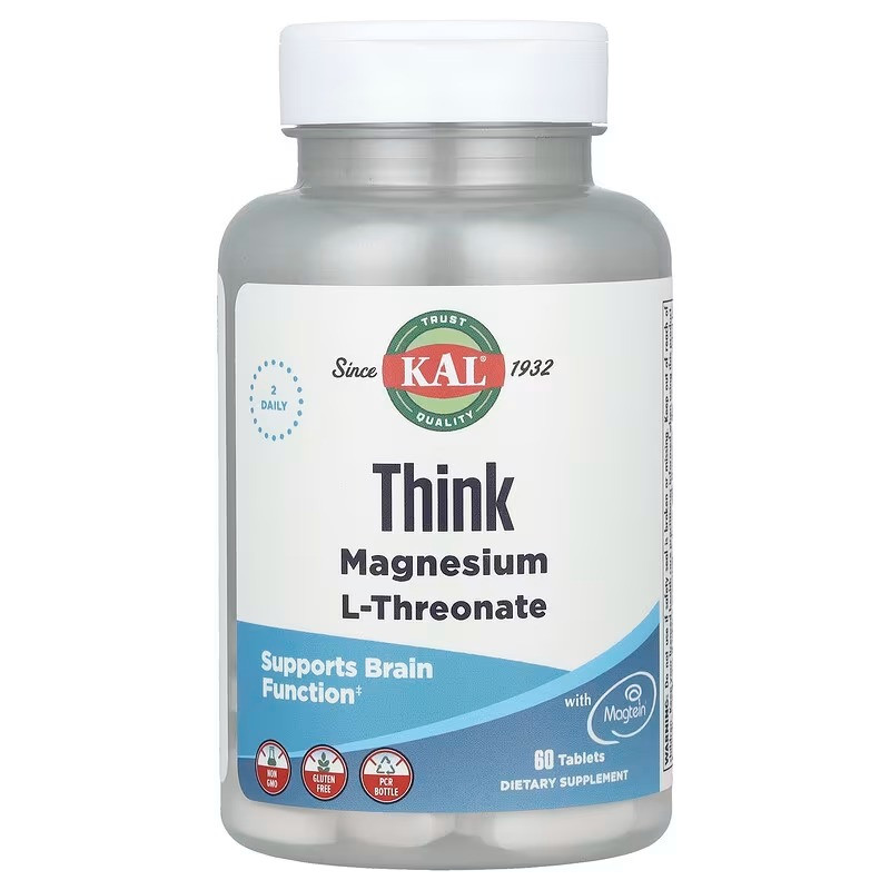 Магній L-треонат, Magnesium L-Threonate, KAL, для мозку, 2000 мг, 60 таблеток