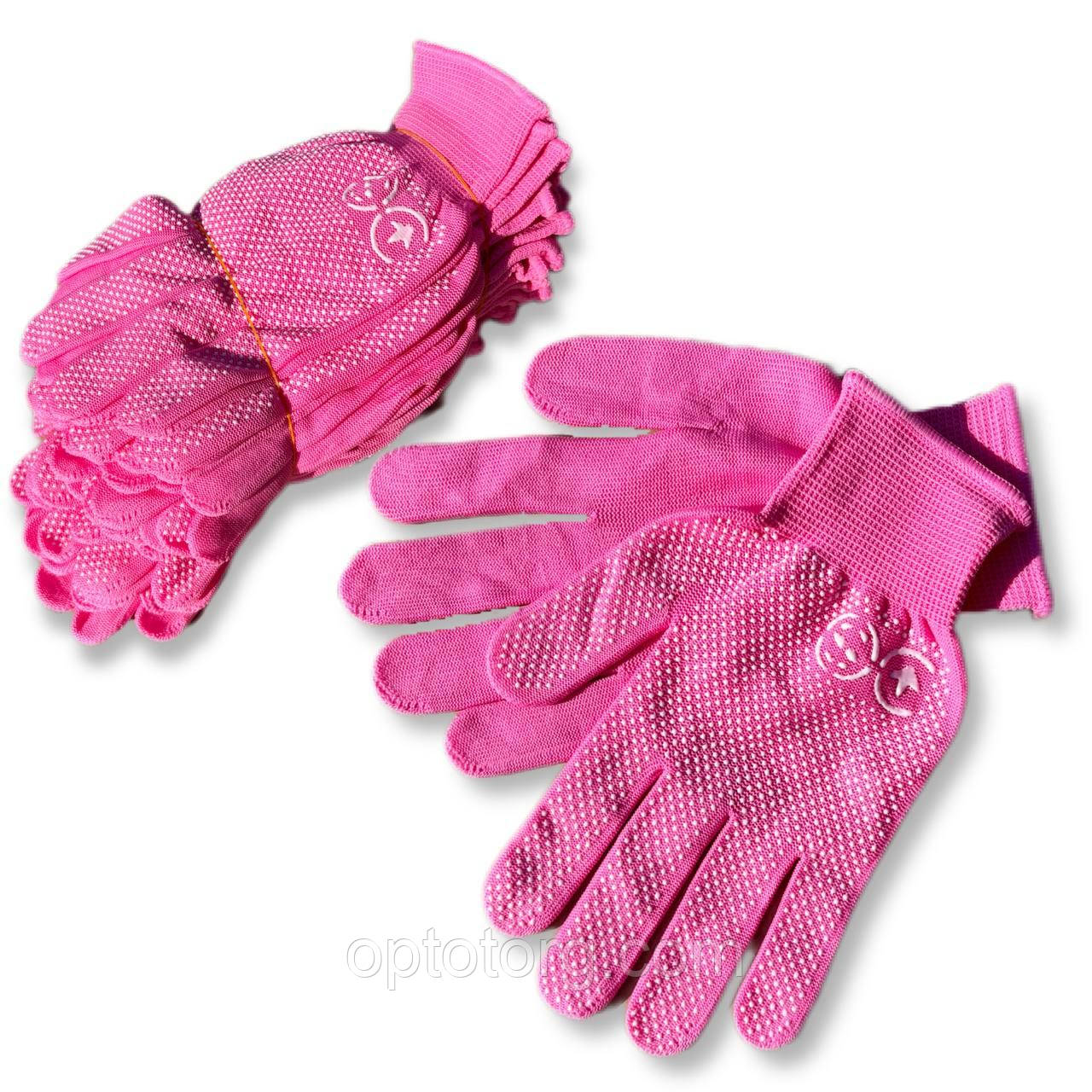 Рукавиці рожеві х/б синтетичні робочі з ПВХ крапкою, фото 1