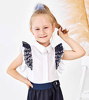 Біла шкільна блуза з коротким рукавом і мереживом (116-134р)