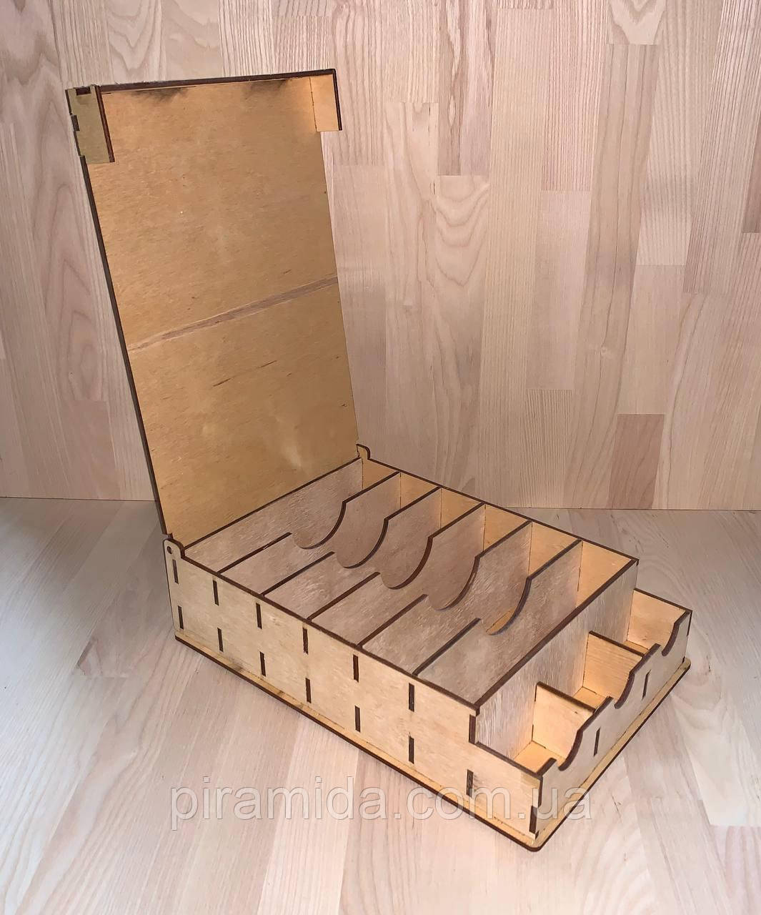 Дерев'яна коробка скринька органайзер для грошей з перегородками та кришкою дерево, фото 1