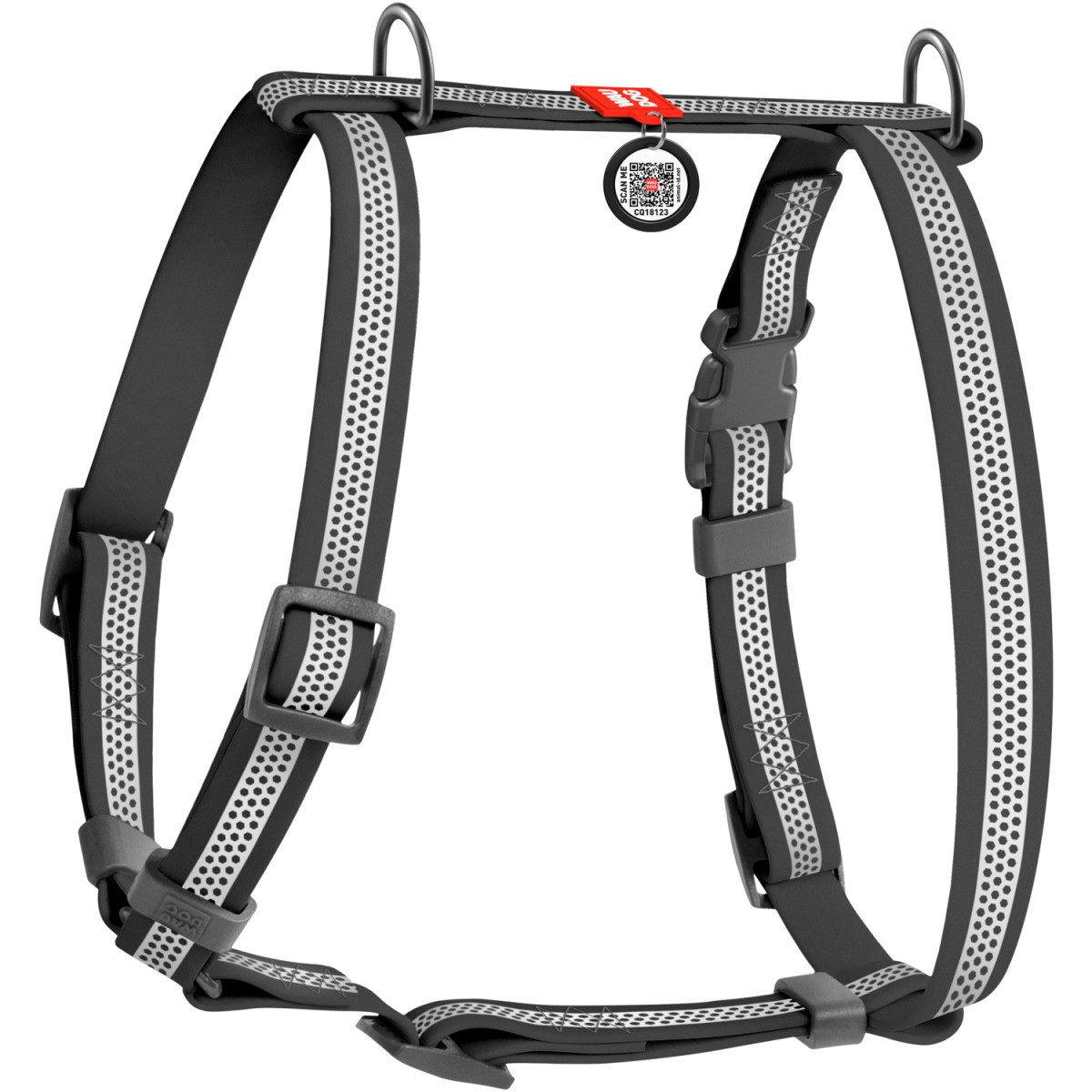 Шлея S 34-51см водостійка світловідбиваюча WAUDOG Waterproof з QR паспортом пластик фастекс сіра для собак, фото 1