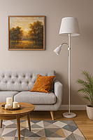 Білий металевий торшер з абажуром та поворотним плафоном