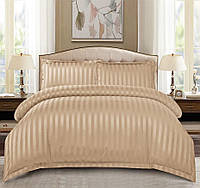Евро комплект Постельного белья Страйп Сатин на Резинке цвет капучино размер 180х200х25 см + 2шт наволочки