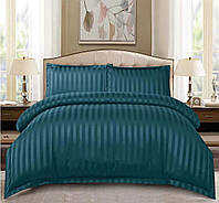 Евро комплект Постельного белья Страйп Сатин на Резинке цвет Изумрудный размер 180х200х25 см + 2шт наволочки