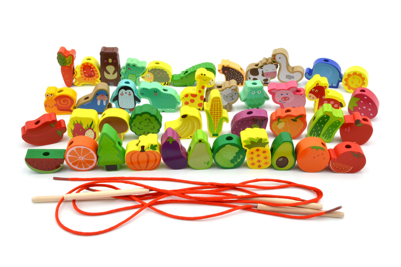 Шнурівка дерев'яна 74432 тварини фрукты овочі, фото 1