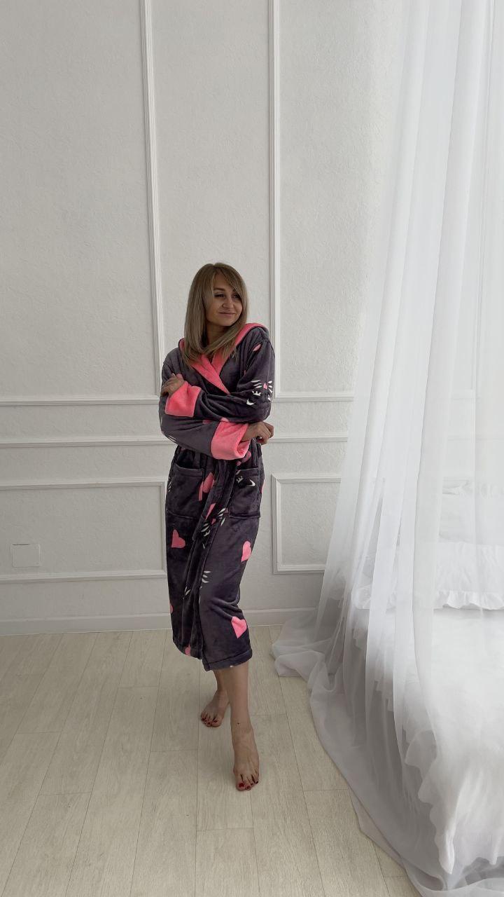 Жіночий довгий плюшевий халат із серцем і капюшоном Туреччина, фото 1