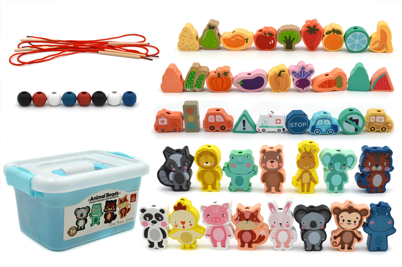 Шнурівка дерев'яна 74433 тварини транспорт намистинки овочі фрукти, фото 1