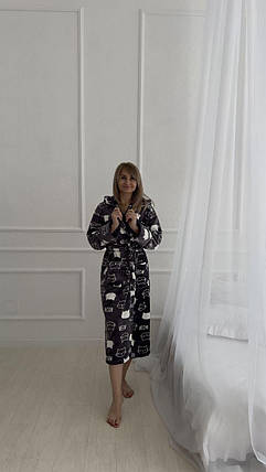 Жіночий теплий халат із поясом і котами графіт, фото 1