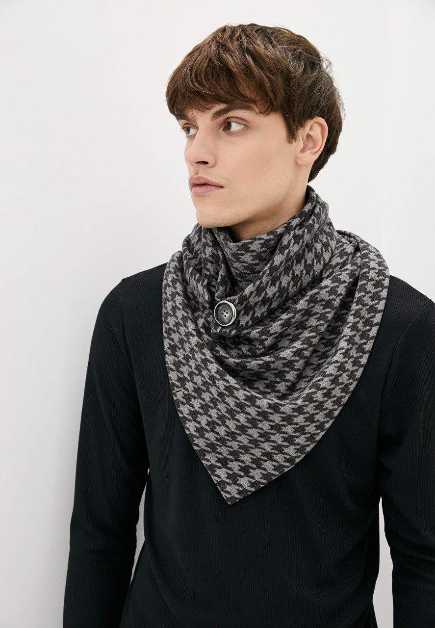 Теплий чоловічий вовняний 2-х вбудований шарф My Scarf, сірий на ґудзику "Единбург", фото 1