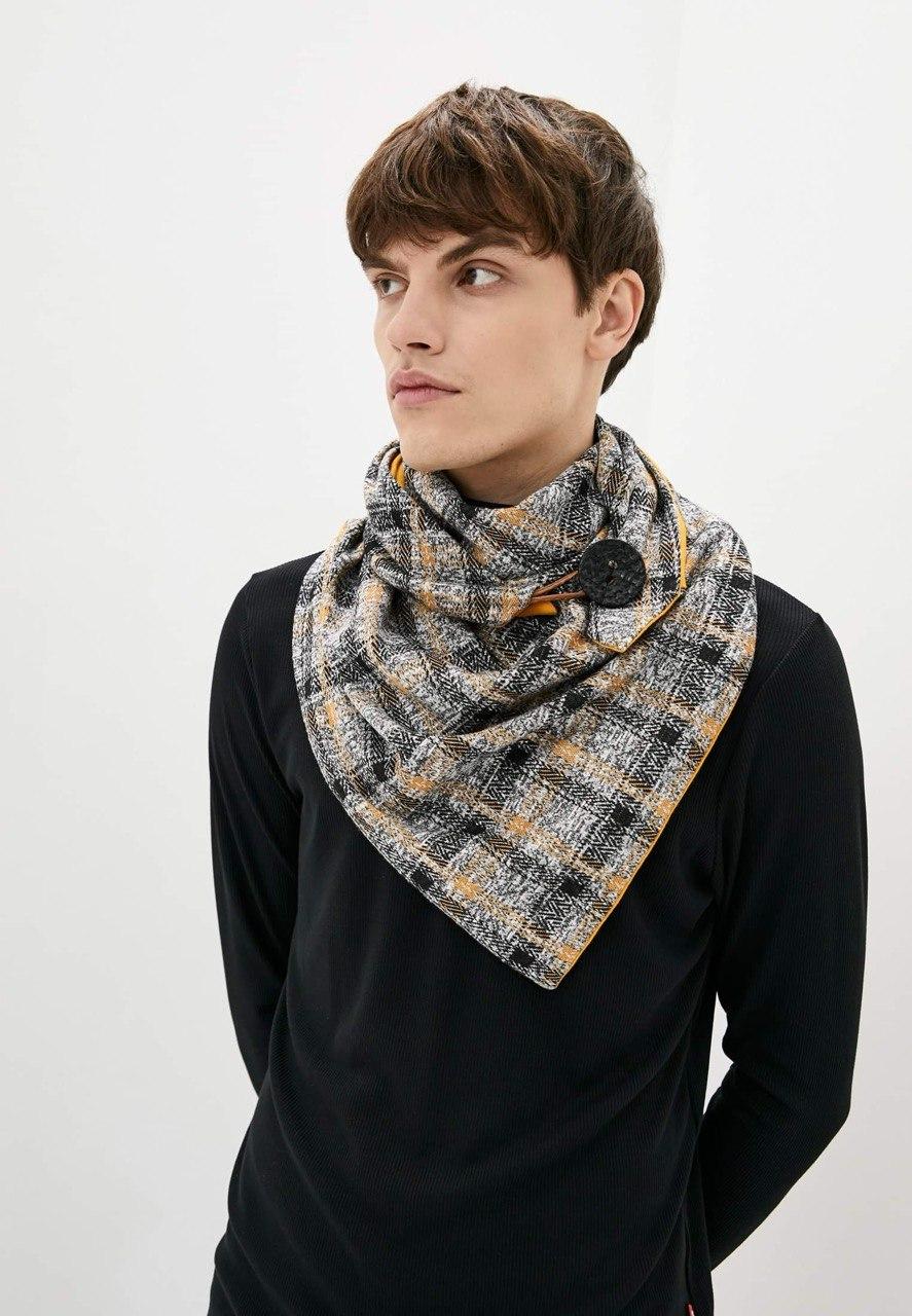 Теплий трикотажний 2-сторонній чоловічий шарф My Scarf, "Единбург" жовто-сірий клітинка, фото 1