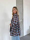 Жіноча вільна сорочка з фланелі коричнева з блакитним карта, фото 5