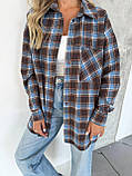 Жіноча вільна сорочка з фланелі коричнева з блакитним карта, фото 6