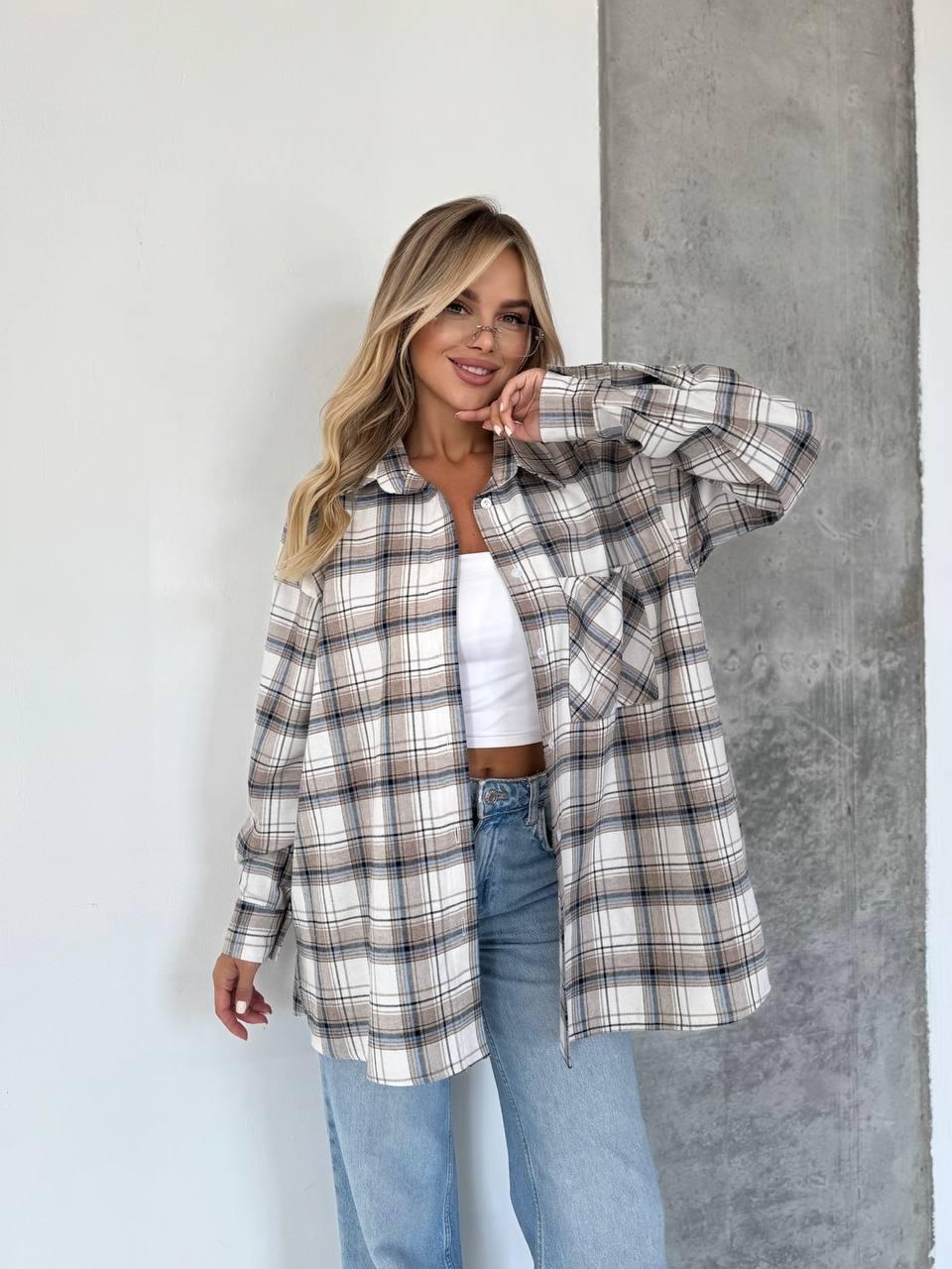 Жіноча вільна сорочка з фланелі бежева карта, фото 1