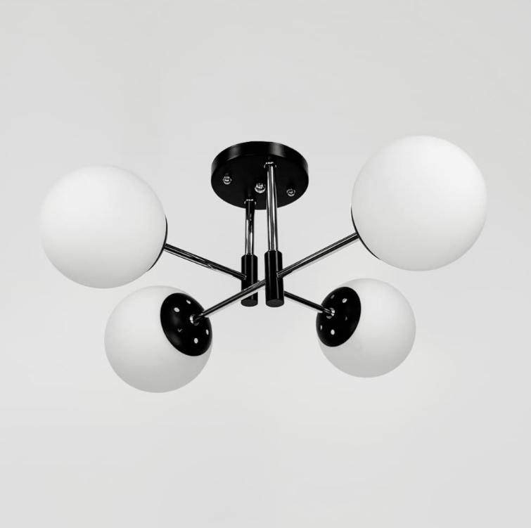Люстра стельова на 4 білих плафони Ø 50 см 91177/4 CH+BK+WT, фото 1