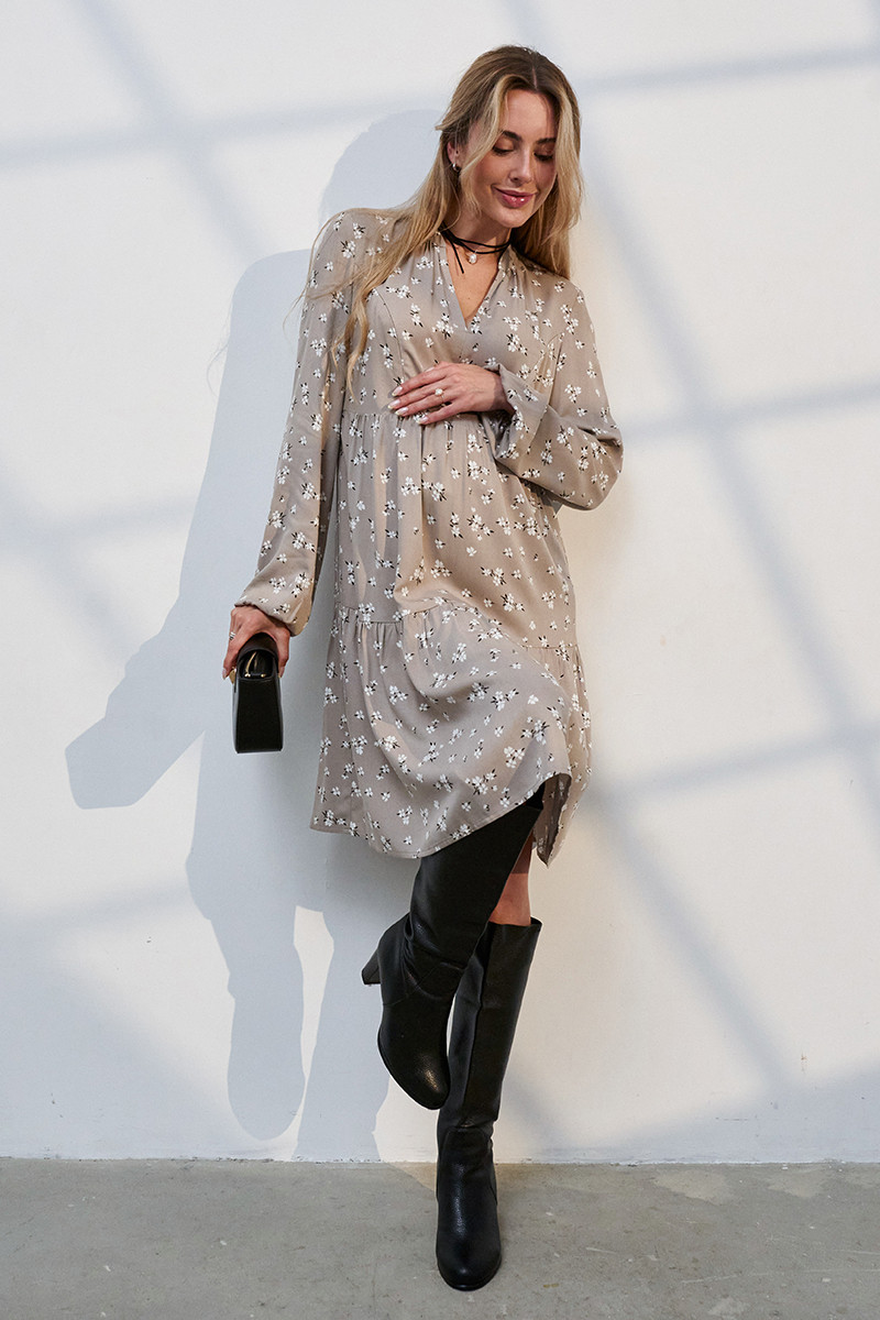 Вишукана сукня для вагітних та годуючих з квітковим принтом бежева L, фото 1