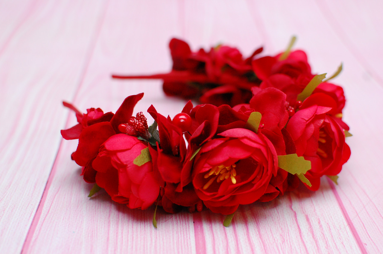 Обруч  / обідок для волосся з піонами та гортензією червоний 682 Об, фото 1