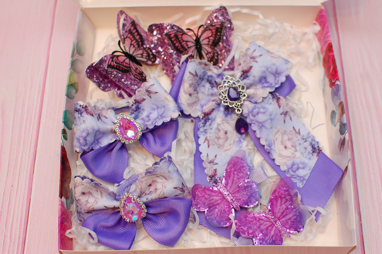 Набір прикрас для волосся гумки - бантиків для дівчинки бузково-фіолетовий в коробці 729 об, фото 1