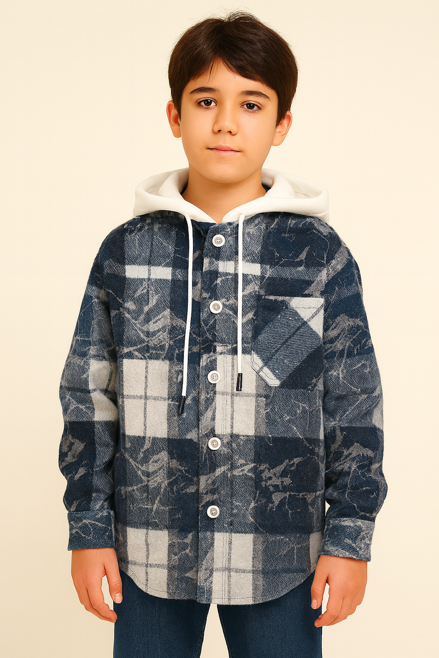 Тепла молодіжна кашемірова сорочка оверсайз з капюшоном, Туреччина, Синій, 134, фото 1