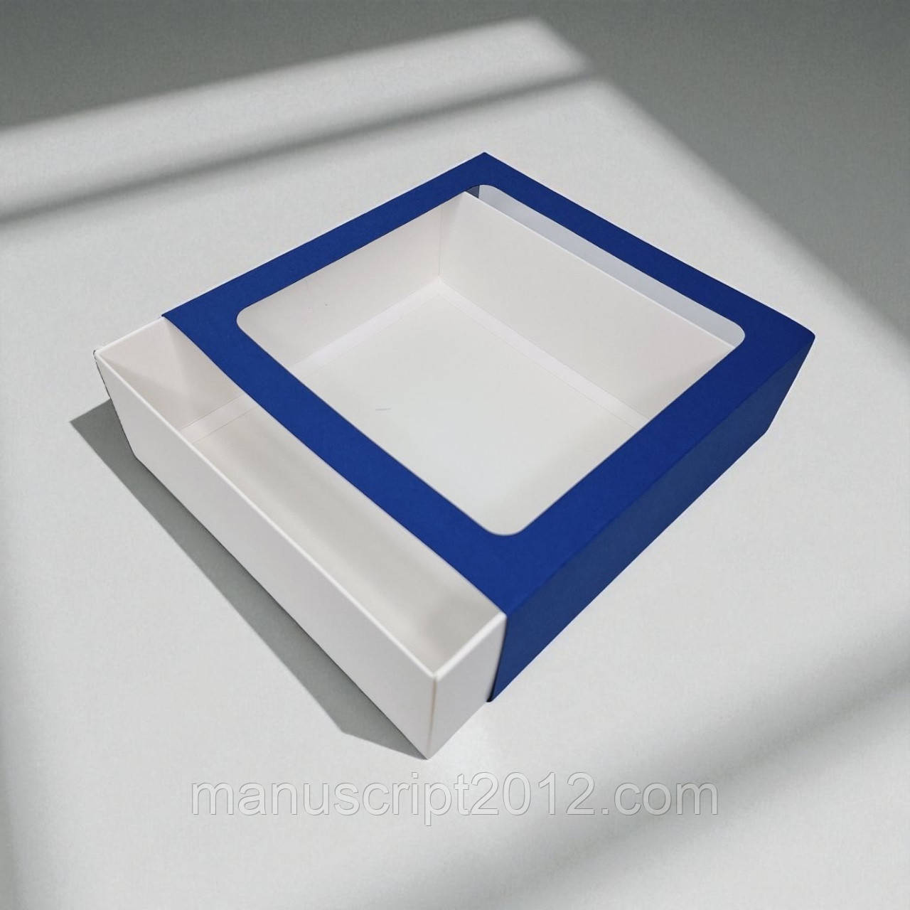 Коробка-пенал з вікном (200х200х65мм.) синьо-біла