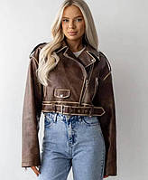 Куртка косуха укорочена коричнева з екошкіри No8085
